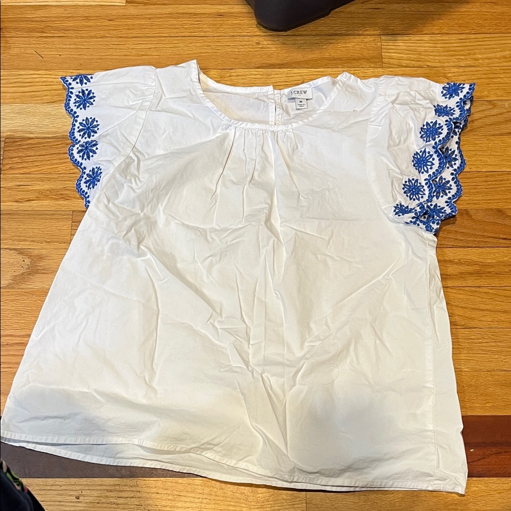 J. Crew Factory White Blouse with Blue Embroidery
